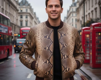 Men's Python Leather Jacket  Lederjacken Herren Snakeskin Biker Jacket Luxury Outwear