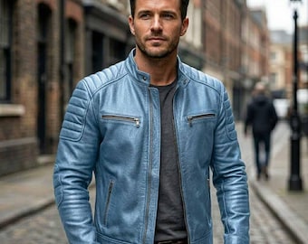 men's distressed blue leather Jacket – vintage style lightweight trucker coat – handmade