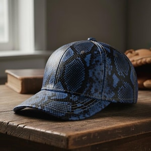 Peut inclure: Casquette de baseball à motif peau de serpent bleu et noir posée sur une table en bois. La casquette a une visière incurvée et un bouton sur le dessus. L'arrière-plan comprend une fenêtre, un livre et un gant de baseball.