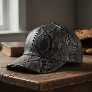 Può includere: Un cappellino da baseball grigio e nero con motivo a pelle di serpente. Il cappellino è realizzato in un materiale strutturato e ha una visiera curva. Appoggiato su una superficie di legno.