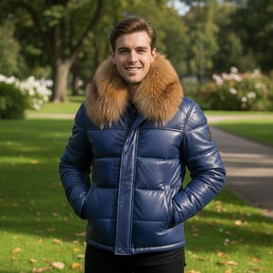 Può includere: Giacca puffer in pelle blu navy con collo in pelliccia marrone. La giacca ha un design trapuntato e una chiusura frontale con cerniera. La persona è in piedi in un parco con erba verde e alberi sullo sfondo.