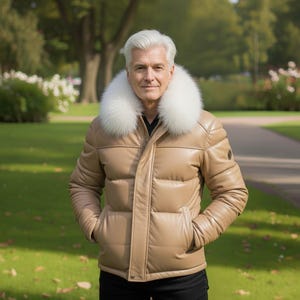 Può includere: Giacca trapuntata in pelle color cammello con collo in pelliccia bianca. La giacca ha una chiusura a zip frontale e tasche. La persona indossa pantaloni neri. Lo sfondo è un parco con erba verde e alberi.