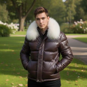 Può includere: Giacca puffer in pelle marrone con collo in pelliccia bianca. La giacca ha una chiusura a zip e due tasche laterali. La persona indossa una camicia nera. Lo sfondo è un parco con erba verde e alberi.