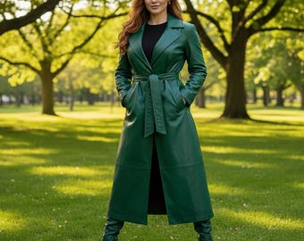 Luxury women's Long Leather Trench Coat, Handmade Winter Coats For Women