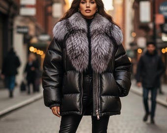 本物のラビットファー裏地付き冬用レザージャケット（ハンドメイド