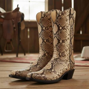 Può includere: Stivali da cowboy con motivo a pelle di serpente nei toni del beige, marrone e nero. Gli stivali hanno la punta affilata, un tacco medio e gambale alto. Realizzati in pelle, misurano circa 30 cm di altezza.