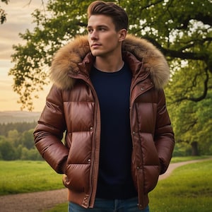 Giacca in pelle imbottita da uomo con cappuccio in vera pelliccia di volpe, Doudoune en cuir, lederjacken herren