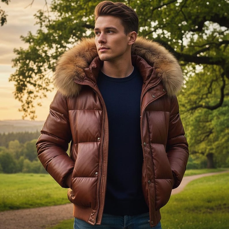 Men's Puffer Leather Jacket with Real fox Fur Hood , Doudoune en cuir , lederjacken herren Dark Brown