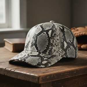 May include: A baseball cap with a snakeskin pattern in shades of gray and white. The cap has a curved brim and a button on top. It is sitting on a wooden surface.