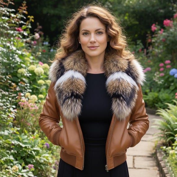 Luxury Fox Fur Leather Jacket , Detachable Collar Jackets