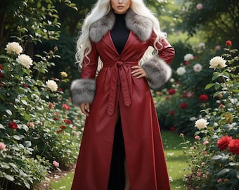 Lambskin Leather Long Winter Jacket with Fox Fur Collar and Cuffs for women