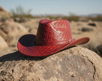 Handmade Ostrich Leather Hat: Exotic Red Adjustable Hat