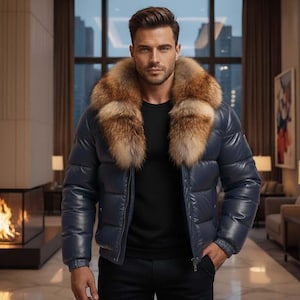 May include: A navy blue puffer jacket with a large fur collar. The jacket has a shiny, quilted appearance and is worn over a black shirt. The background features a modern interior with a fireplace and city view.