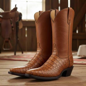 Op de afbeelding: Een paar bruine leren cowboylaarzen. De voet van de laarzen heeft een textuur met krokodillenpatroon, terwijl de schacht glad is. Ze hebben spitse tenen en zwarte hakken, tegen een rustieke houten achtergrond.