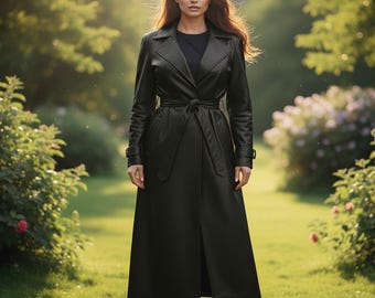 Women's Long Leather Tranch Coat  , Ledermantel Damen