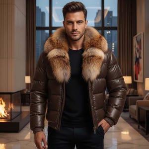 May include: A brown puffer jacket with a large fur collar. The jacket has a shiny, leather-like appearance and a zipper closure. The person in the image is wearing a black shirt and dark pants.