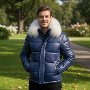 Può includere: Giacca puffer in pelle blu con collo in pelliccia bianca. La giacca ha un design trapuntato e una chiusura con cerniera frontale. La persona indossa una camicia nera sotto la giacca.