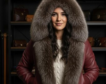 Handmade Leather Bomber Jacket with Real Brown Fox Fur