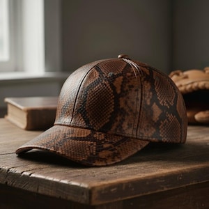 Peut inclure: Casquette de baseball marron avec un motif peau de serpent. La casquette a une visière incurvée et un bouton sur le dessus. Le chapeau est fait d'un matériau texturé et repose sur une surface en bois.