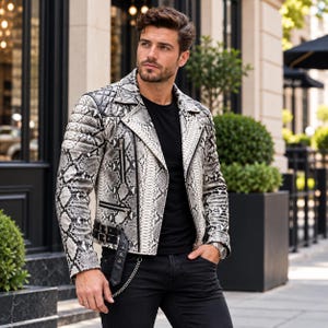 Blouson motard en cuir véritable peau de serpent et python Blouson moto exotique de luxe pour homme