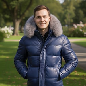 Può includere: Un piumino blu navy con cappuccio foderato in pelliccia grigia. La giacca presenta un design trapuntato e un colletto nero. La persona sorride in un ambiente del parco.