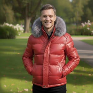 Può includere: Una giacca in pelle rossa con cappuccio bordato di pelliccia grigia. La giacca ha un design trapuntato e un'abbottonatura frontale. La persona indossa una camicia nera. Lo sfondo è un parco con erba verde e alberi.