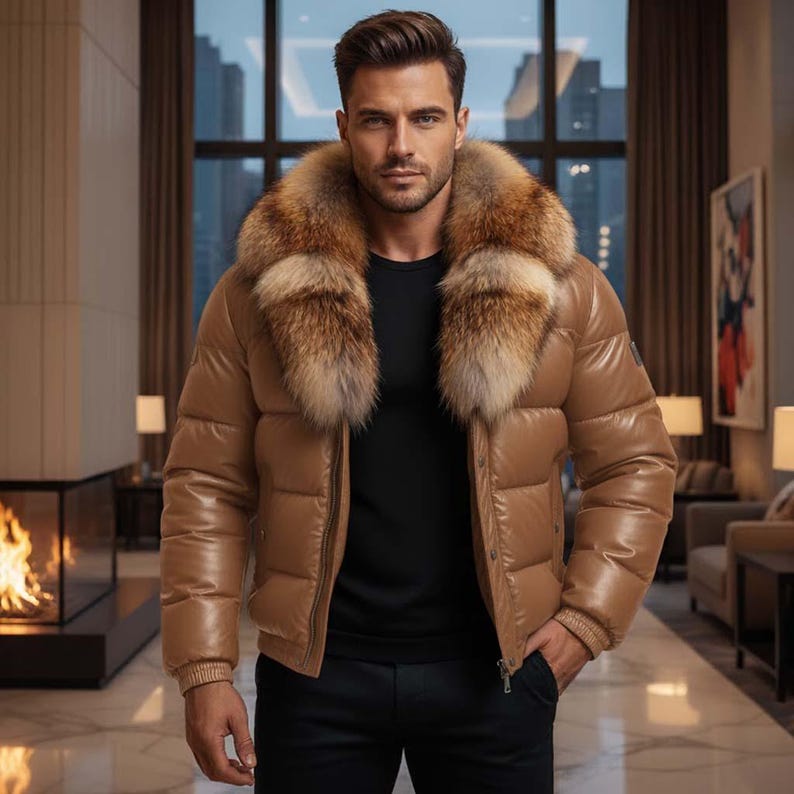 May include: A tan puffer jacket with a fur collar. The jacket has a zipper closure and ribbed cuffs. The person in the image is wearing a black shirt and black pants.