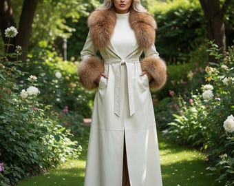 Lambskin Leather Long Winter coat with Fox Fur Collar and Cuffs for women