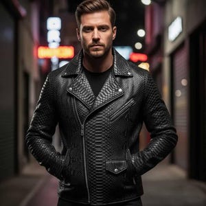 Black Embossed LeatherJacket Snakeskin Pattern Jackets Moto Biker Jacket Lederjacken
