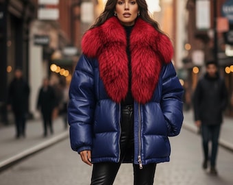Women's Puffer Genuine Leather Jacket, Warm Coat , Winter Fashion  jacken , Damen Puffer lederjacken ,