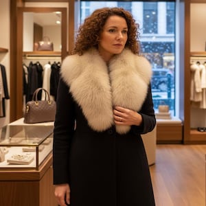 May include: A woman wearing a black coat with a large, light-colored fur collar. The coat is buttoned up, and the woman is standing in a well-lit store. A handbag is visible in the background.