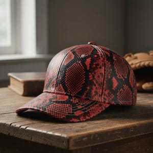 Może przedstawiać: Czapka bejsbolowa w czerwono-czarny wzór skóry węża. Czapka wykonana jest z teksturowanego materiału i posiada zakrzywiony daszek. Czapka leży na drewnianej powierzchni. Rękawica do baseballu znajduje się w tle.
