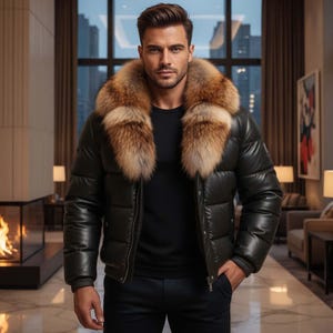 May include: A black puffer jacket with a brown fur collar. The jacket is worn over a black shirt and paired with black pants. The image is taken indoors with a fireplace and city view in the background.