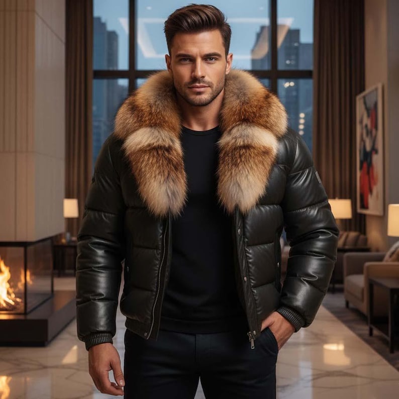 May include: A black puffer jacket with a brown fur collar. The jacket is worn over a black shirt and paired with black pants. The image is taken indoors with a fireplace and city view in the background.