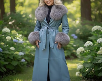 Lambskin Leather Long Winter Coat with Fox Fur Collar and Cuffs for women