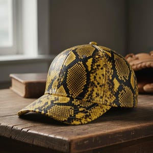 May include: A yellow and black snakeskin-patterned baseball cap sits on a wooden table. The cap has a curved brim and a button on top. A baseball glove is visible in the background.