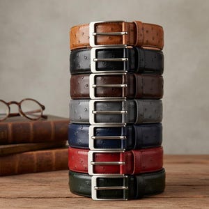 Può includere: Una pila di otto cinture in pelle di vari colori, tra cui marrone, nero, marrone scuro, grigio, blu navy, rosso e verde. Ogni cintura presenta una fibbia color argento e una superficie strutturata.