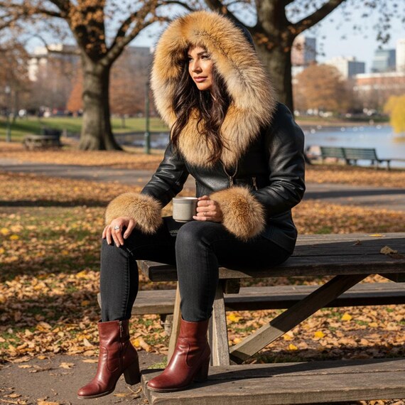 Women biker Jacket Faux Rabbit Fur Lined Jackets With Fox fur cuffs and collar