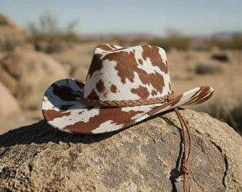 Handmade Brown & White Cowhide Leather Cowboy Hat – Western Fashion Gift