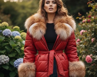 Può includere: Un piumino rosso con collo e polsini in pelliccia. La giacca ha una cintura in vita e una chiusura a zip. La finitura in pelliccia è marrone chiaro. La persona indossa un top nero e jeans blu.