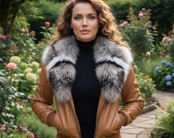 Chaqueta marrón de piel de cordero auténtica para mujer, hecha a mano, con cuello de piel de zorro real.