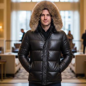 Può includere: Giacca puffer in pelle nera con cappuccio bordato di pelliccia. La giacca presenta un design trapuntato e una chiusura con cerniera. La persona indossa una camicia nera. Lo sfondo è un interno sfocato.