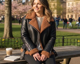 May include: Black leather jacket with a brown shearling collar and lining. The jacket has a zipper closure and is worn with black distressed jeans. A white sweater is visible underneath the jacket. Sunglasses rest on top of the head.