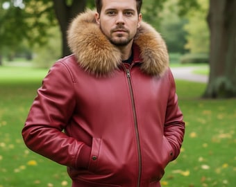 Herren Leder Bomberjacke - Luxusjacken mit echter Fuchspelz-Kapuze , Lederjacken herren