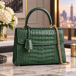 May include: A structured forest green handbag featuring a glossy crocodile-embossed texture, a single top handle, a gold-tone chain shoulder strap, and a matching leather luggage tag charm hanging from the base of the handle attachment.