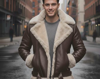 Handmade Shearling Aviator Jacket , Mens Genuine Sheepskin Leather Coat , LederJacken herren