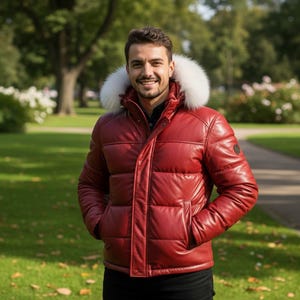 Può includere: Una giacca a vento in pelle rossa con cappuccio foderato in pelliccia bianca. La giacca ha un design trapuntato e un colletto nero. La persona indossa pantaloni neri e si trova in un parco.