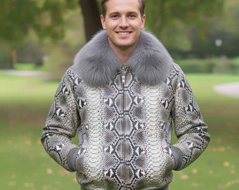 Handmade Python Snakeskin Bomber Jacket - Grey Leather Moto Biker Jacket Lederjacken
