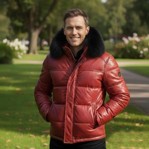 Può includere: Giacca in pelle rossa trapuntata con collo in pelliccia nera. La giacca ha un design trapuntato e una chiusura frontale con cerniera. La persona indossa una camicia nera sotto. Lo sfondo è un parco con erba verde e alberi.