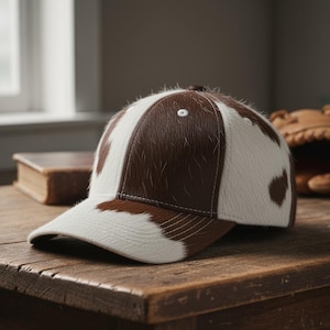 May include: A baseball cap with a cowhide pattern in brown and white. The cap has a curved peak and a button on top. The hat is on a wooden surface.